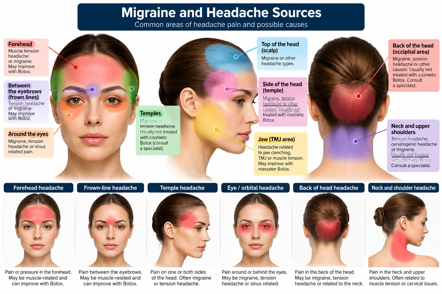 Educational map of common migraine and headache source regions including the forehead, temples, scalp, occipital area, jaw, and neck